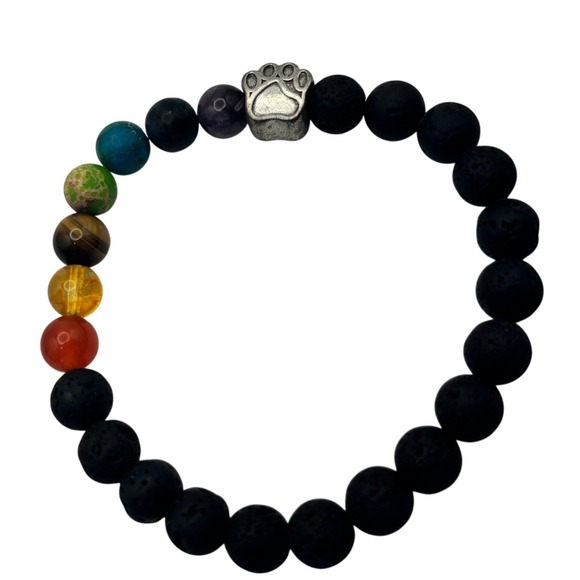 Unbranded Jewelry - Lava Stone Chakra Bracelet Paw Print Charm Black Volcanic Rock Stretch Beads